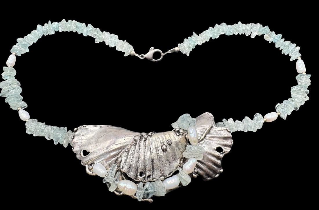 Vintage Handmade MARY ELVYN Sterling Silver, Pearl & Aquamarine Ocean Theme Designer Pendant: Very good antique condition with minor patina according to age. The pendant measures approx. 3" long x 1 1/4" wide and weighs ca. 51.8 grams. The necklace is approx. 16" long.