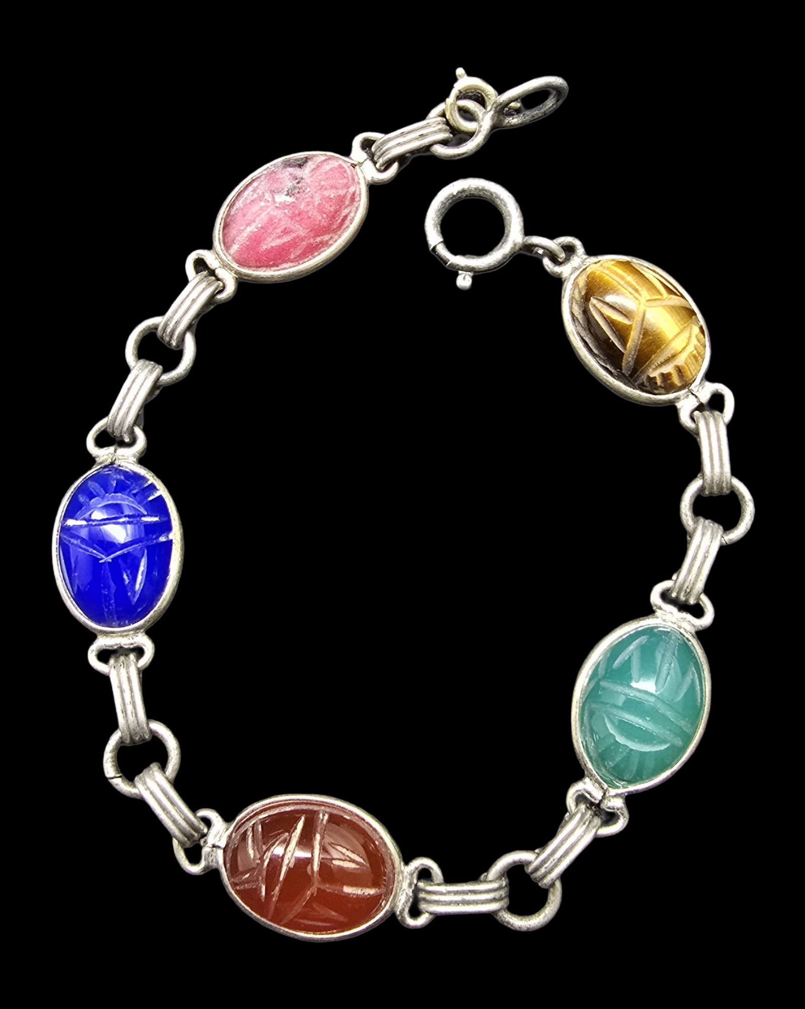 Stunning Ornate Vintage Sterling Silver & Multi-Color Gemstone Carved Scarab Bracelet: Very good vintage condition with minor patina according to age. Measures approx. 7" long and weighs ca. 11 grams. Marked for Sterling Silver.