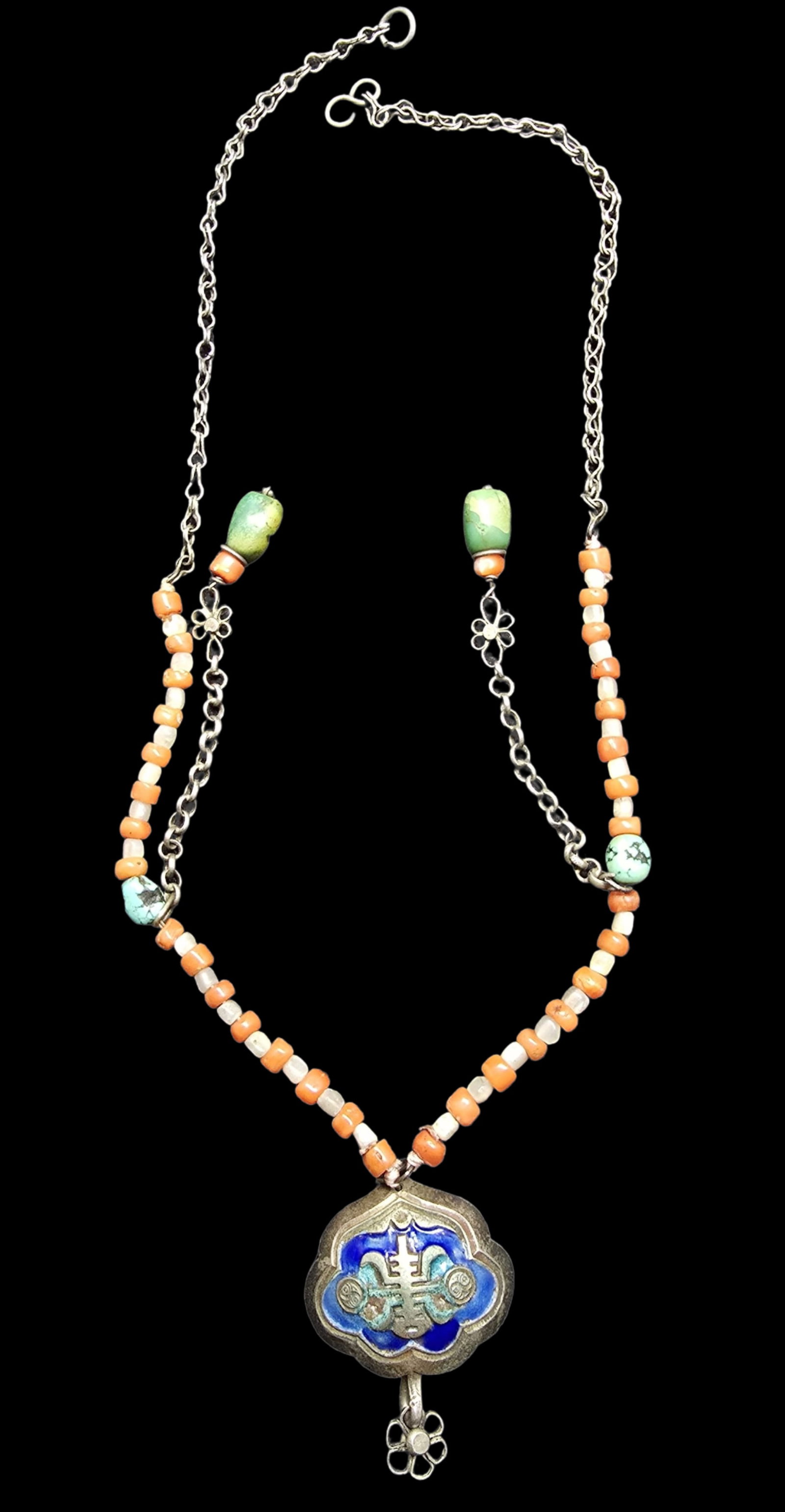 Unusual Vintage Chinese Silver & Gemstone Pendant Necklace (1 of 4)