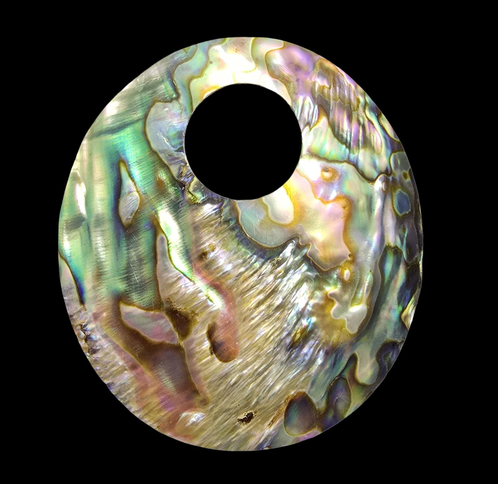Beautiful Vintage Abalone Shell Disc Pendant: Very good antique condition with minor patina according to age. Measures approx. 2" high and 2" wide and weighs ca. 5 grams.