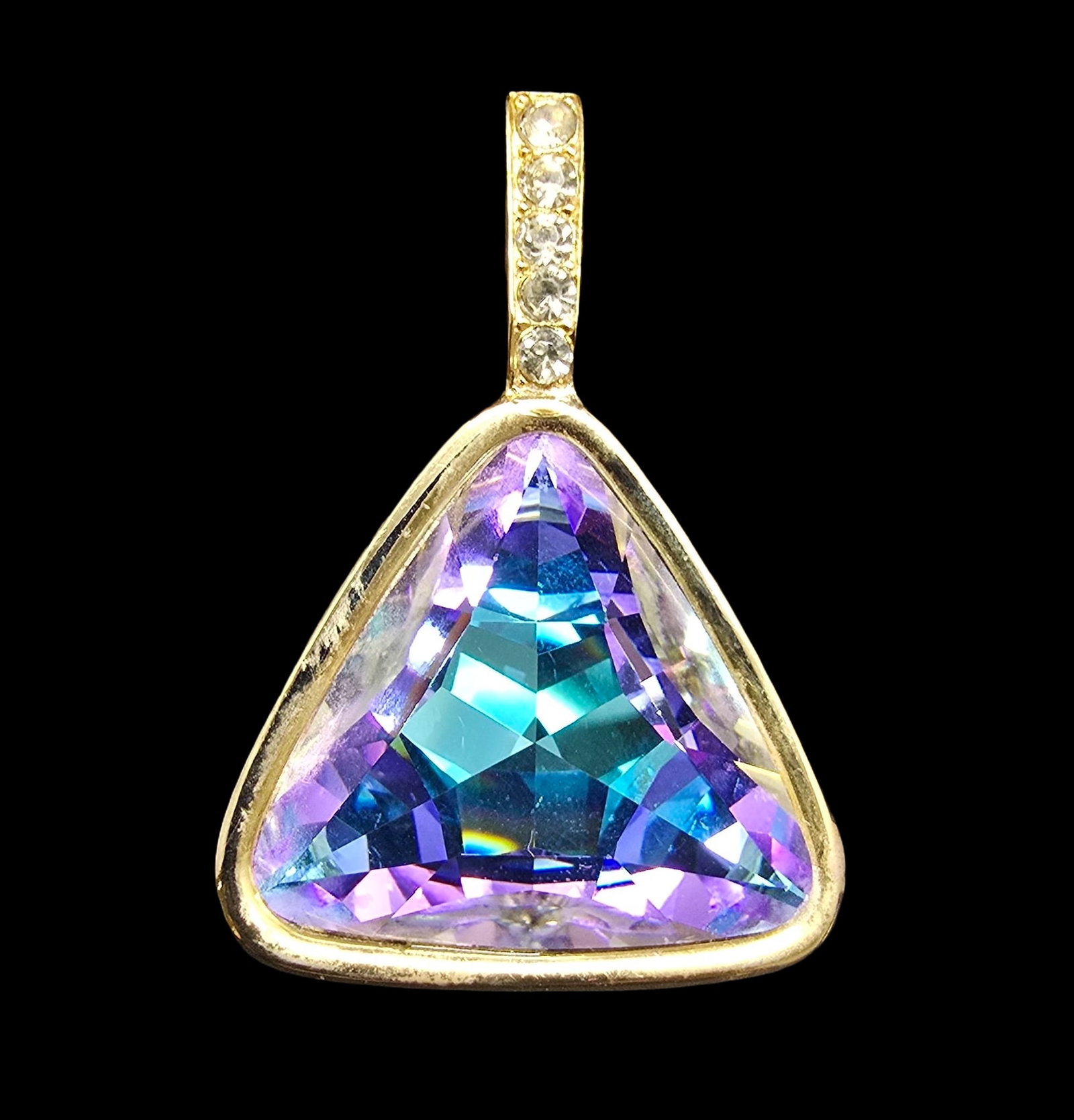 Beautiful Vintage Costume Jewelry Goldtone Metal, Rainbow Crystal & Clear Rhinestone Pendant: Very good antique condition with minor patina according to age. Measures approx. 1 1/2" long and 1" wide and weighs ca. 15 grams.