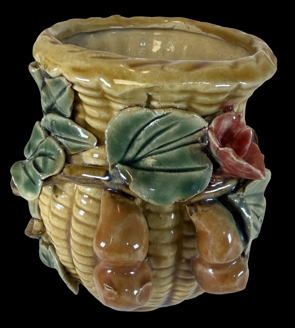 Antique European Majolica Glazed Ceramic Basketweave Vase: Very good antique condition with minor patina according to age. Measures approx. 4" long x 4" wide x 5" high. Marked on the bottom.