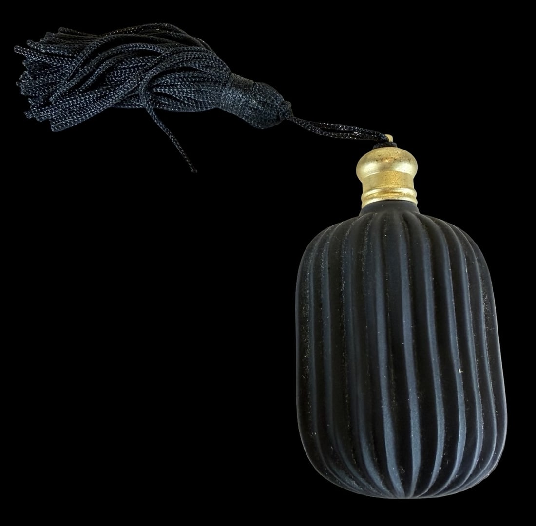 Vintage Art Deco Black Art Glass Miniature Perfume Bottle w/ Fabric Tassel (1 of 4)