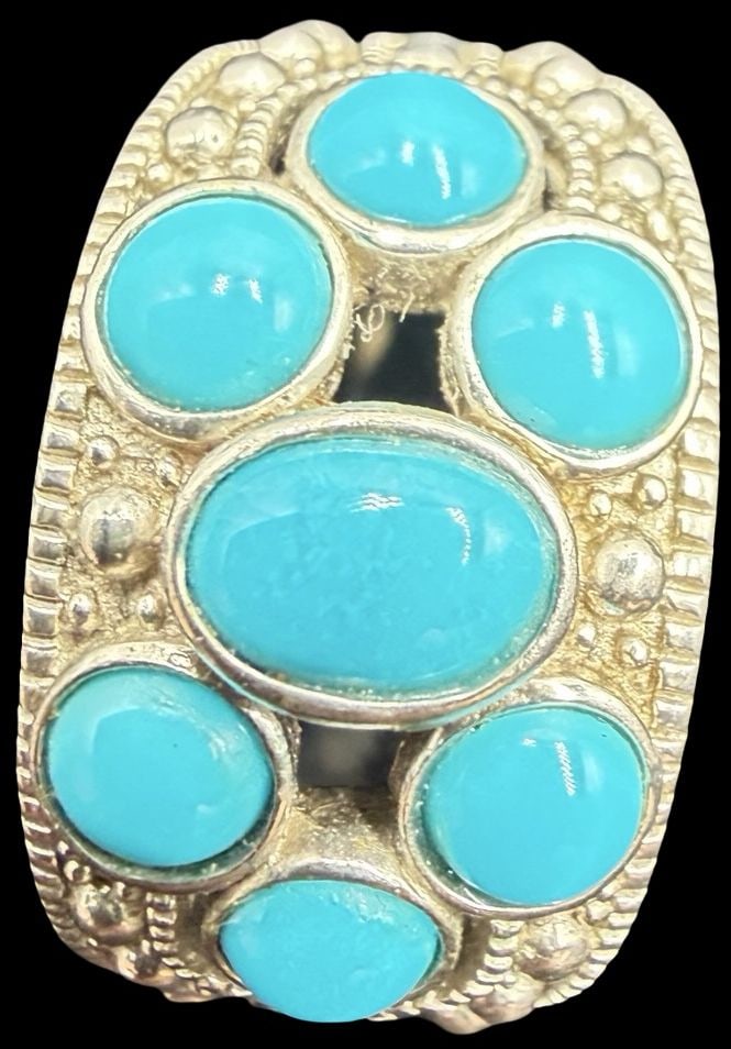 Gorgeous Ornate Vintage Gilt Sterling Silver Ring w/ Multiple Turquoise Gemstones: Very good vintage condition with minor patina according to age. Measures approx. 3/4" long and 1/2" wide and weighs ca. 8.3 grams. The Ring is Size 8 3/4. Marked Sterling Silver.
