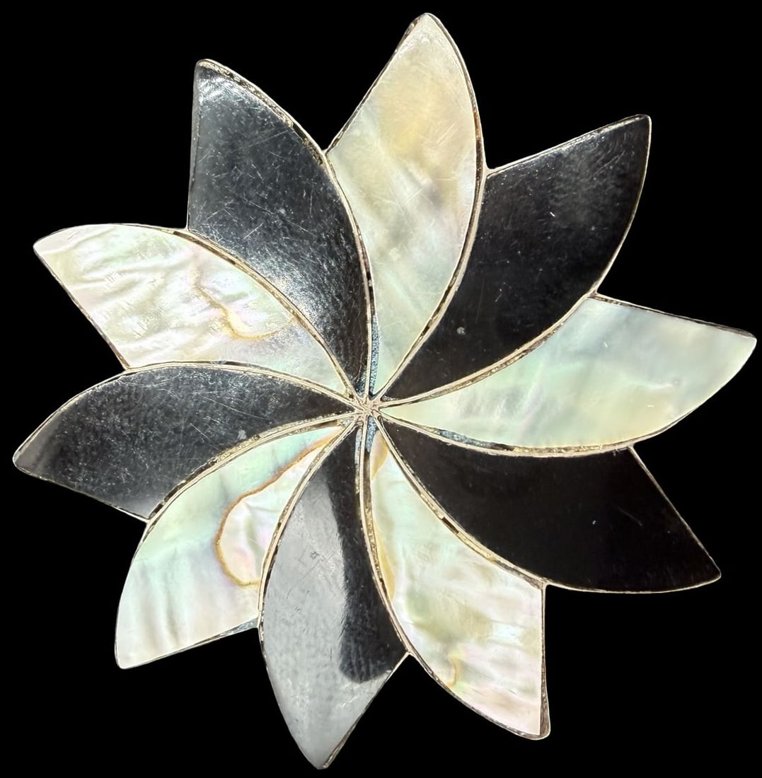 Gorgeous Vintage Taxco Mexico Sterling Silver w/ Inlay Abalone Shell & Onyx Brooch or Pendant (1 of 2)