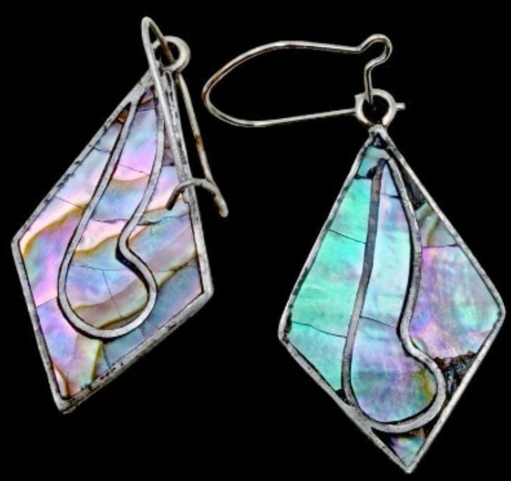 Gorgeous Ornat Vintage Taxco Mexico Sterling Silver & Inlay Abalone Shell Dangle Earrings (1 of 3)