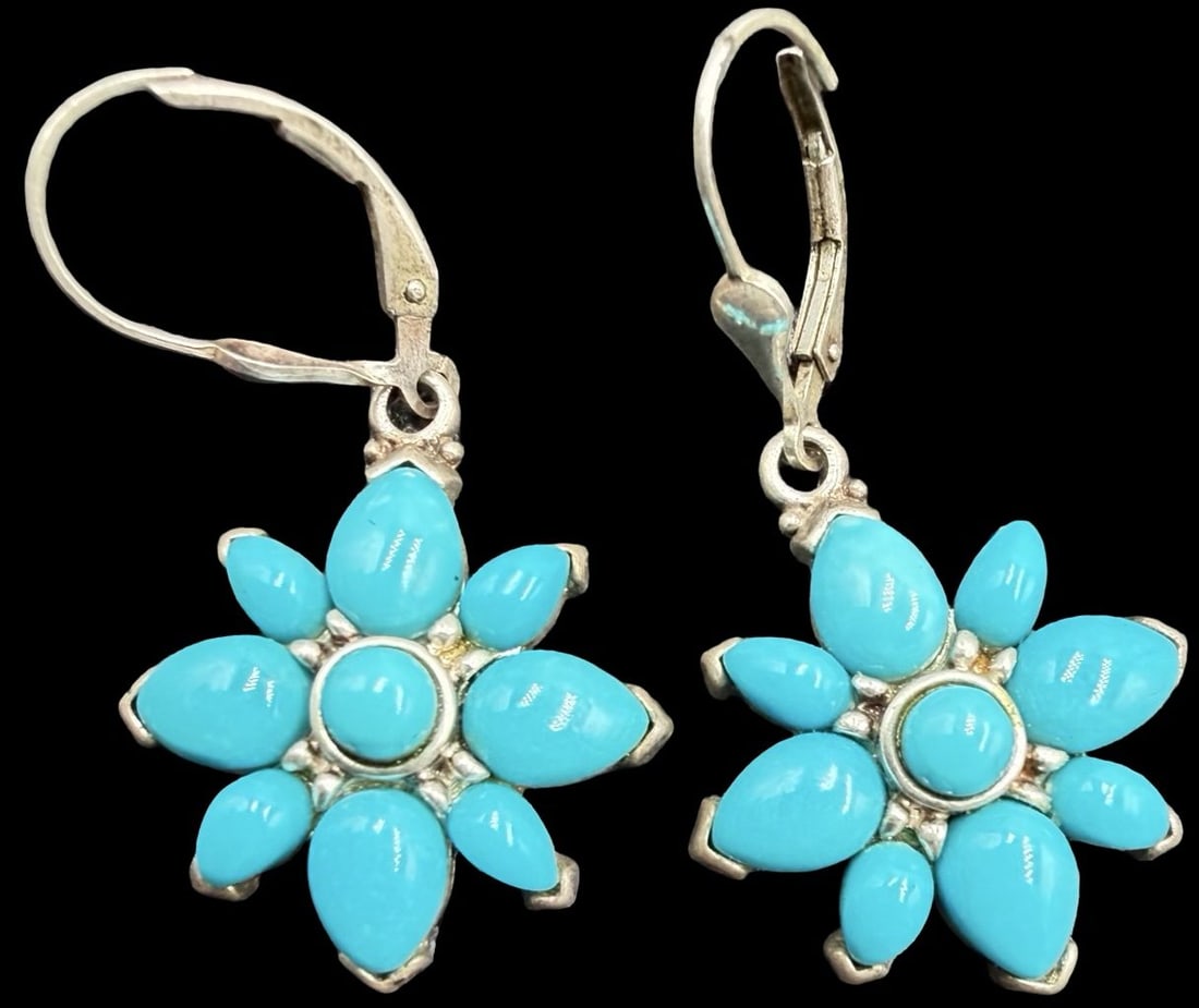 Stunning Ornate Vintage Gilt Sterling Silver & Turquoise Gemstones Dangle Earrings: Very good vintage condition with minor patina according to age. Measures approx. 3/4" long and 3/4" wide and weighs ca. 7.8 grams. Marked Sterling Silver