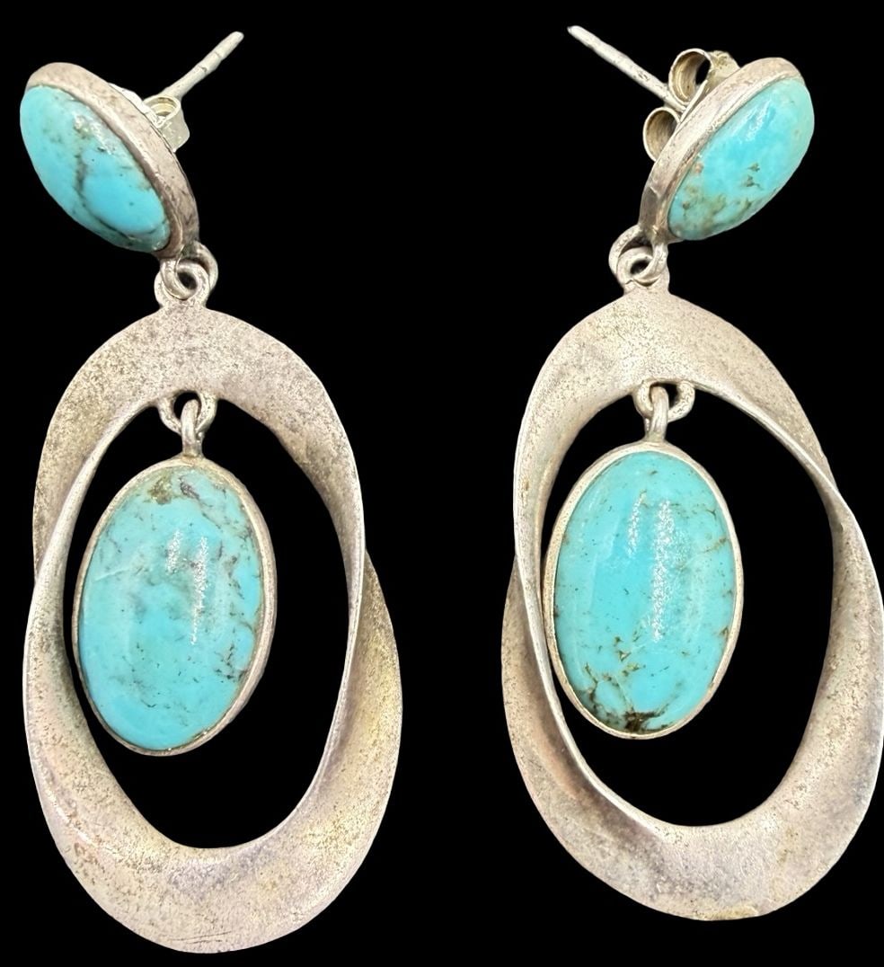 Stunning Ornate Vintage Gilt Sterling Silver & Turquoise Gemstone Dangle Earrings: Very good vintage condition with minor patina according to age. Measures approx. 2" long and 3/4" wide and weighs ca. 8.9 grams. Marked Sterling Silver