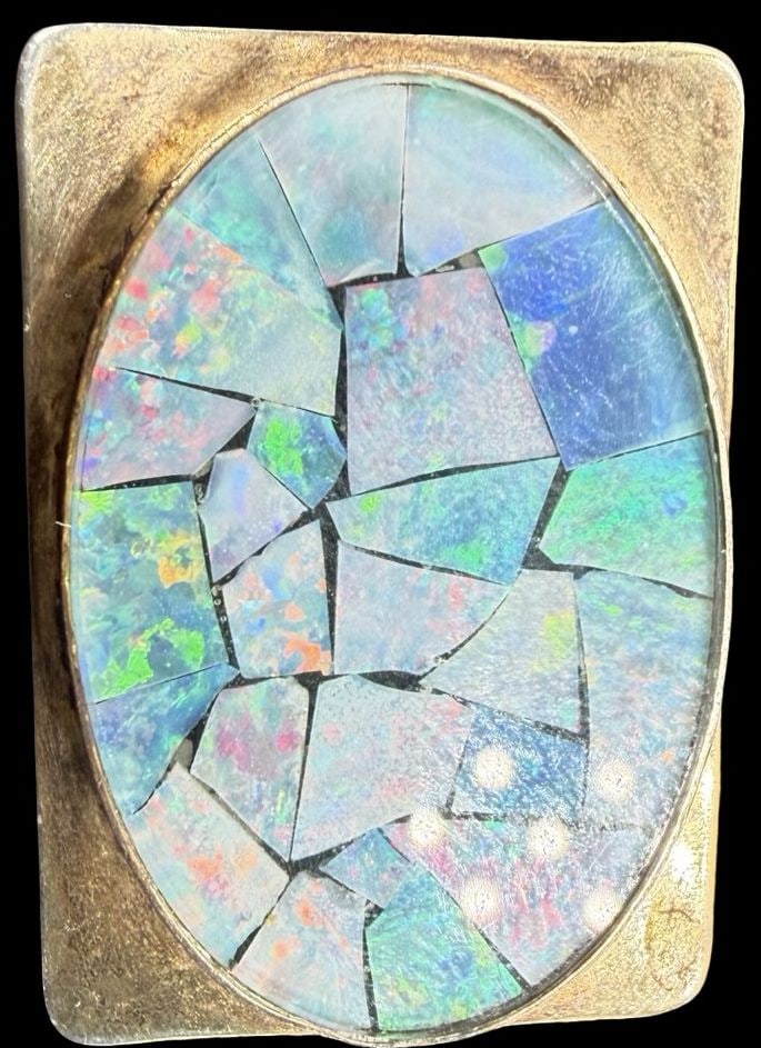 Stunning Vintage Gilt Sterling Silver & Mosaik Turquoise Gemstone Pendant: Very good vintage condition with minor patina according to age. Measures approx. 1 1/4" long and 3/4" wide and weighs ca. 9 grams. Tested for Sterling Silver