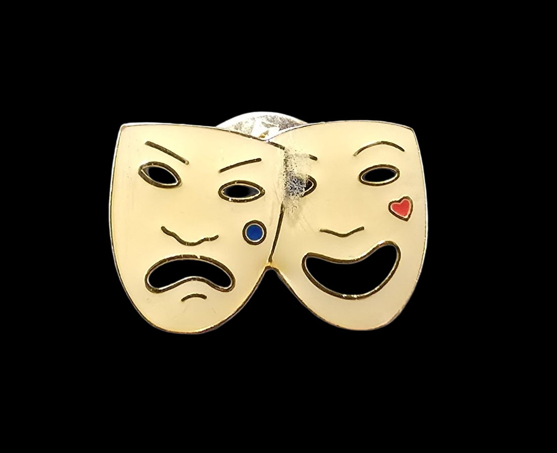 Rare Antique BURBERRY Gold Plated Metal & Enamel Theatrical Masks Pin: Very good antique condition with minor patina according to age. Measures approx. and weighs ca. 3.5 grams. Marked.
