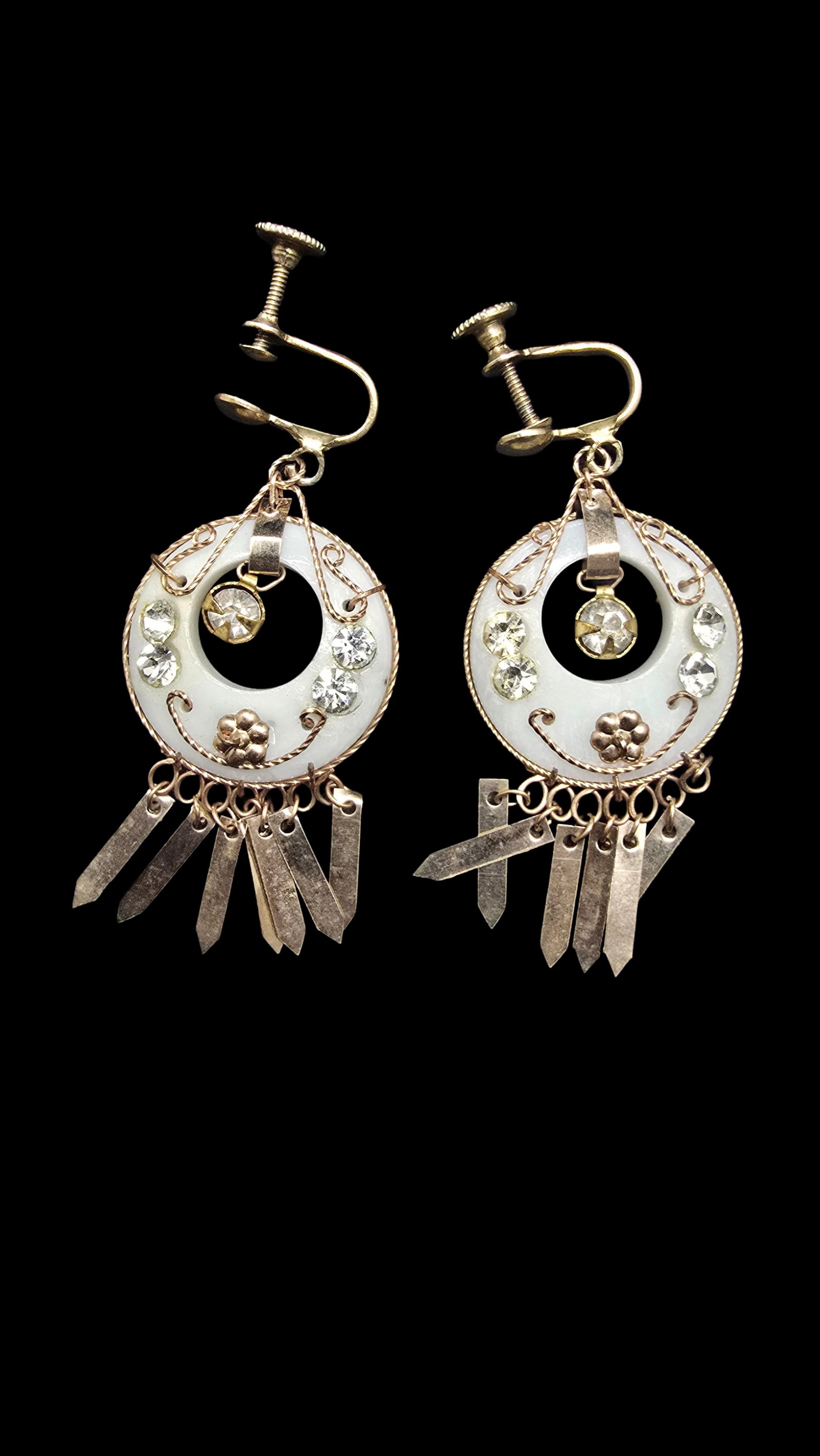 Stunning Ornate Vintage Gold Filled Dream Catcher w/ Mother Of Pearl & Clear Rhinestone Earrings: Very good vintage condition with minor patina according to age. Measures approx. 2 1/2" long and 1" wide and weighs ca. 5.5 grams.