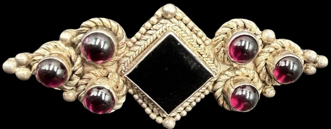 Unusual Ornate Vintage Gilt Sterling Silver, Red & Black Gemstones Pin Brooch: Very good vintage condition with minor patina according to age. Measures approx. 1 3/4" long and 1/2" wide and weighs ca. 6.2 grams. Marked Sterling Silver