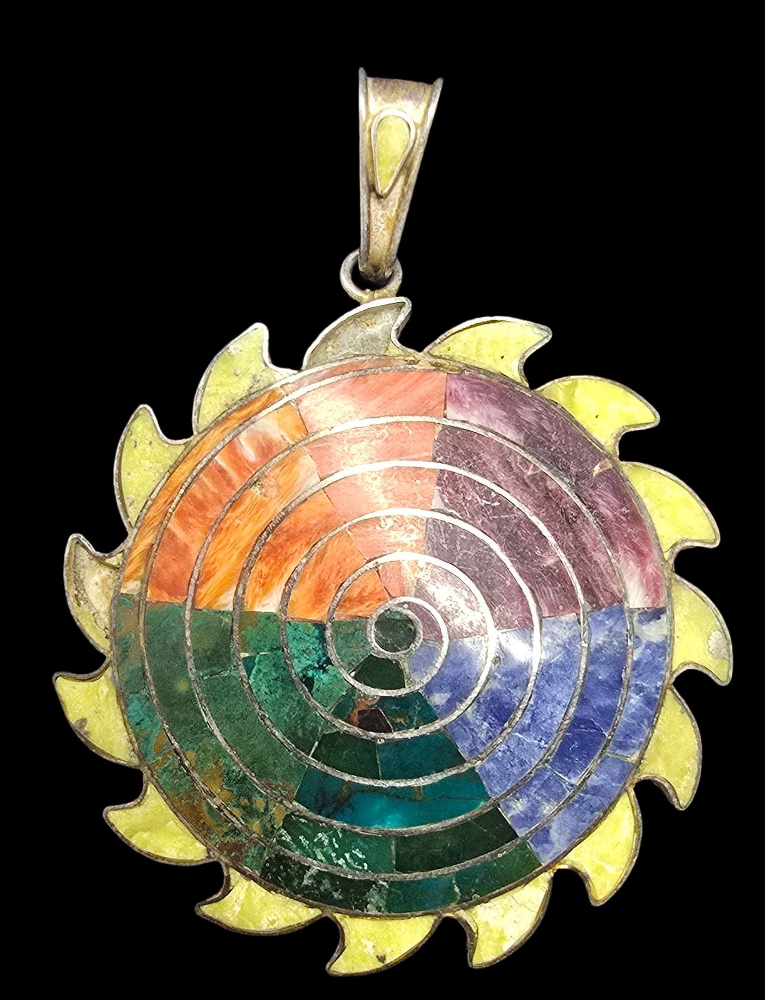 Stunning Vintage Peruvian Sterling Silver, Enamel & Inlaid Gemstone "Pachamama" Pendant: Good vintage condition with minor patina according to age; missing some enamel. Measures approx. 2 1/2" long and weighs ca. 14 grams. Marked.