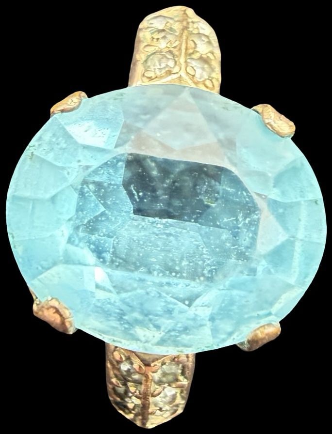 Amazing Ornate Vintage 14K Gold-filled & Blue Gemstone Ring: Very good vintage condition with minor patina according to age. Measures approx. 1/2" long and 1/2" wide and weighs ca. 2.4 grams. Ring is Size 7 1/4. Marked for 14K Gold Filled