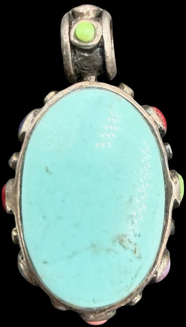 Stunning Ornate Vintage Sterling Silver, Turquoise, & Multi Gemstone Pendant Charm: Very good vintage condition with minor patina according to age. Measures approx. 1 1/2" long and 3/4" wide and weighs ca. 9.2 grams. Tested for Sterling Silver