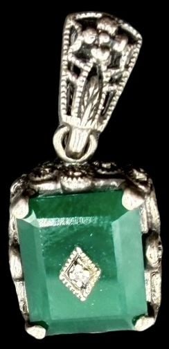 Beautiful Ornate Vintage Gilt Sterling Silver, Clear & Green Gemstone Pendant Charm: Very good vintage condition with minor patina according to age. Measures approx. 1" long and 1/2" wide and weighs ca. 2.1 grams. Marked Sterling Silver