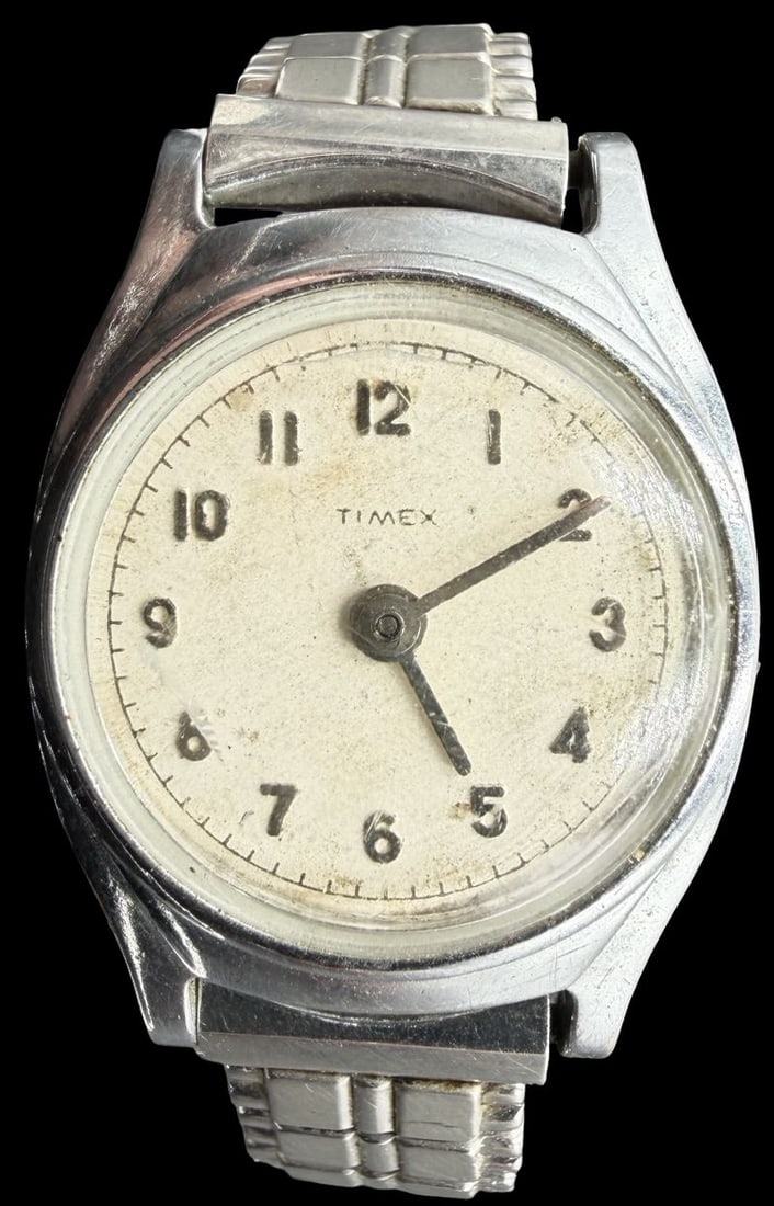 Gorgeous Ornate Vintage TIMEX Stainless Steel & Chrom Plated Bezel, Shock Resistant Watch: Very good vintage condition with minor patina according to age. Measures approx. 3/4" long and 3/4" wide and weights ca. 387 grams. Marked for TIMEX. Watch isn't working. Strap is Strechable
