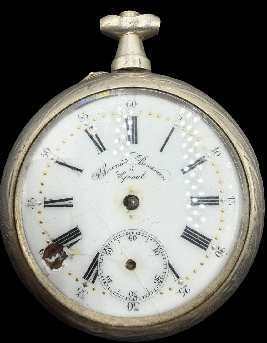 Gorgeous Vintage CHRONO BESANCONS Silver Tone & White Dial Pocket Watch: Very good vintage condition with minor patina according to age. Measures approx. 1 1/2" long and 1 1/2" wide and weights ca. 1377.5 grams. Marked for CHRONO BESANCONS. Watch isn't working.