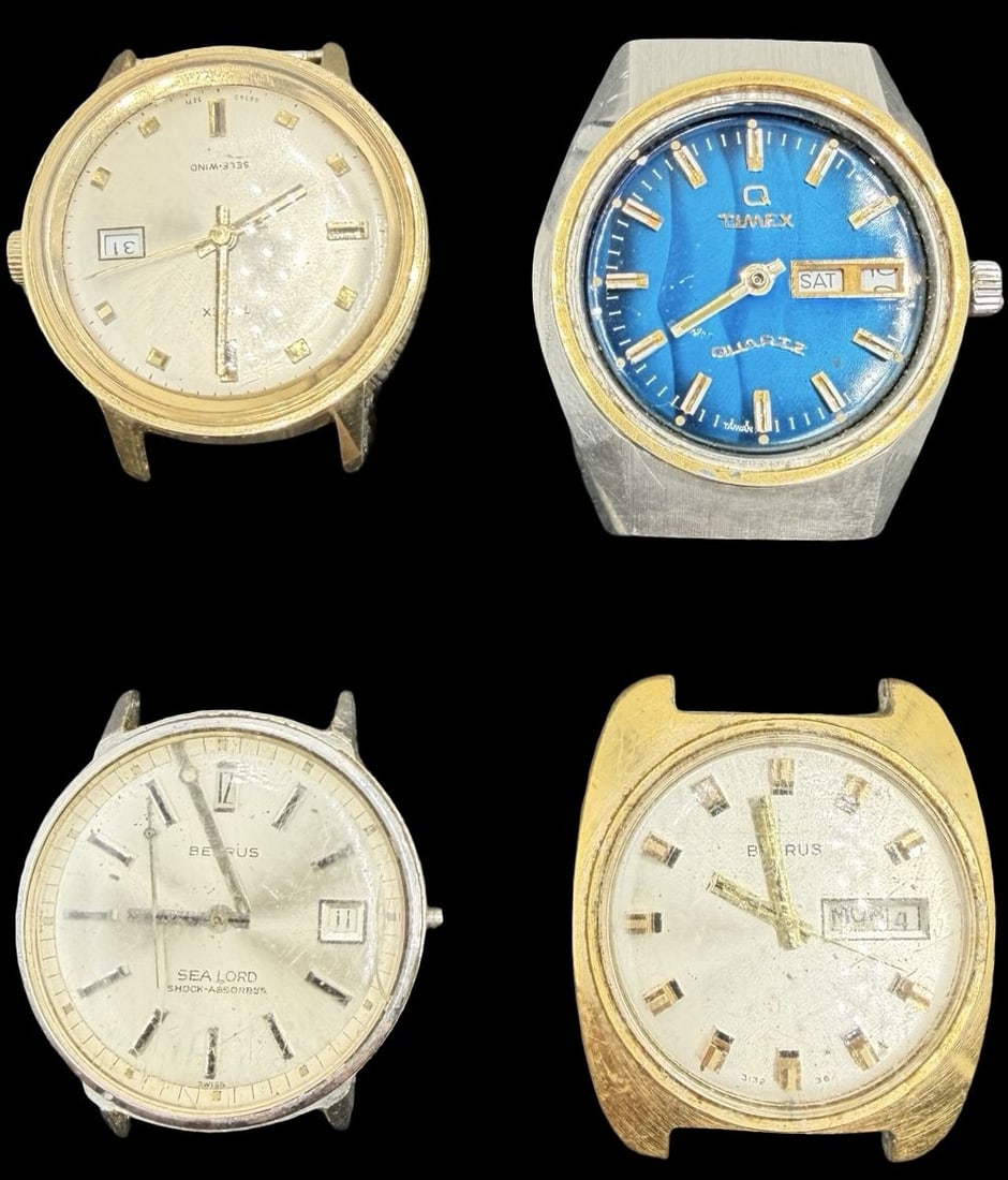 Lot of 4 Vintage Watches: Very good vintage condition with minor patina according to age. Measures approx. 6 oz