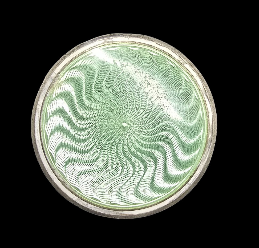 Stunning Antique Sterling Silver & Green Guilloche Enamel Pill Box: Very good antique condition with minor patina according to age. Measures approx. 1/2" high and 1 1/2" wide and weighs ca. 26 grams. Marked for Sterling Silver.