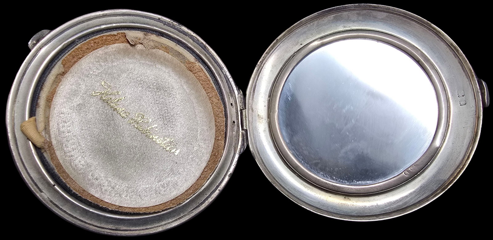 Gorgeous Ornate Antique British HELENA RUBINSTEIN Sterling Silver Pocket Compact: Very good antique condition with minor patina according to age. Measures approx. 3" in diameter and weighs ca. 68 grams. Marked for Sterling Silver.