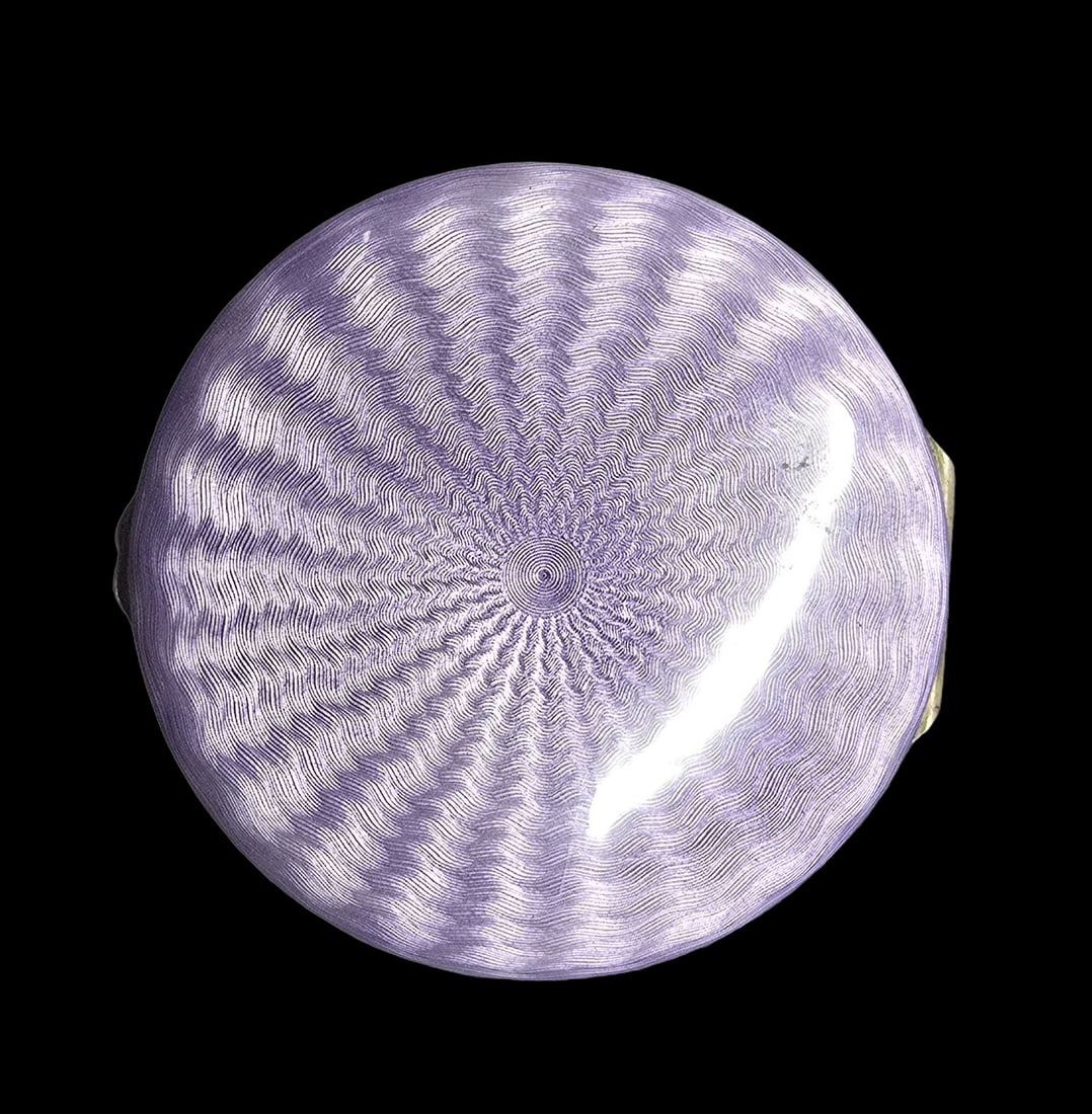 Beautiful Antique Sterling Silver & Purple Guilloche Enamel Pill Box: Very good antique condition with minor patina according to age. Measures approx. 1/2" high and 2" wide and weighs ca. 50 grams. Marked for Sterling Silver.