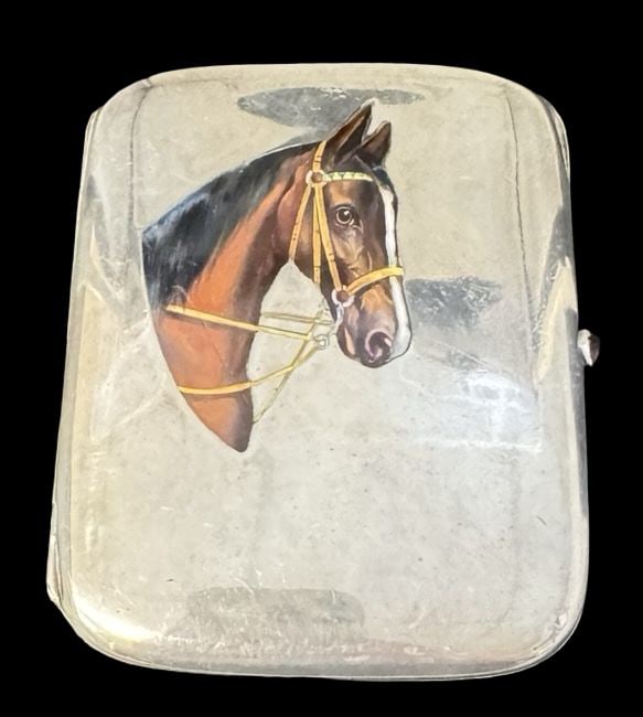 Antique Austrian 900 Silver & Enamel Painted Horse Cigarette Case & Red Gemstone Button: Very good antique condition with wear and patina according to age. Measures approx. 3 1/2" long x 3" wide and weighs ca. 120.7 grams. Marked for 900 Silver. Inside engraved ("To remember your Father")
