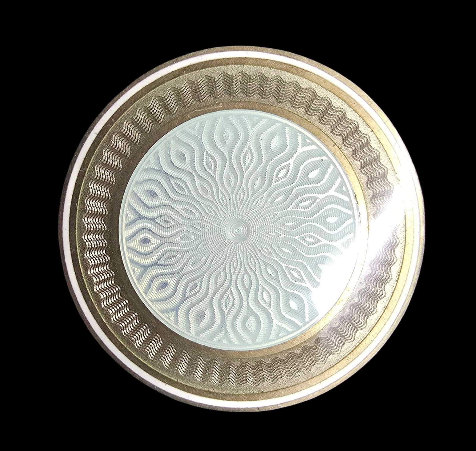 Gorgeous Antique Central European Sterling Silver White & Brown Guilloche Enamel Pill Box: Very good antique condition with minor patina according to age. Measures approx. 1/2" high and 1 1/2" wide and weighs ca. 39 grams. Marked for Sterling Silver.