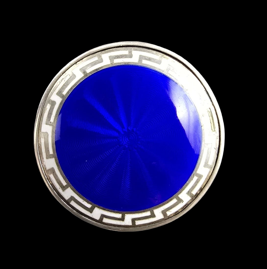 Gorgeous Antique British Sterling Silver White & Blue Guilloche Enamel Pill Box: Very good antique condition with minor patina according to age. Measures approx. 1" high and 1" wide and weighs ca. 16 grams. Marked for Sterling Silver.