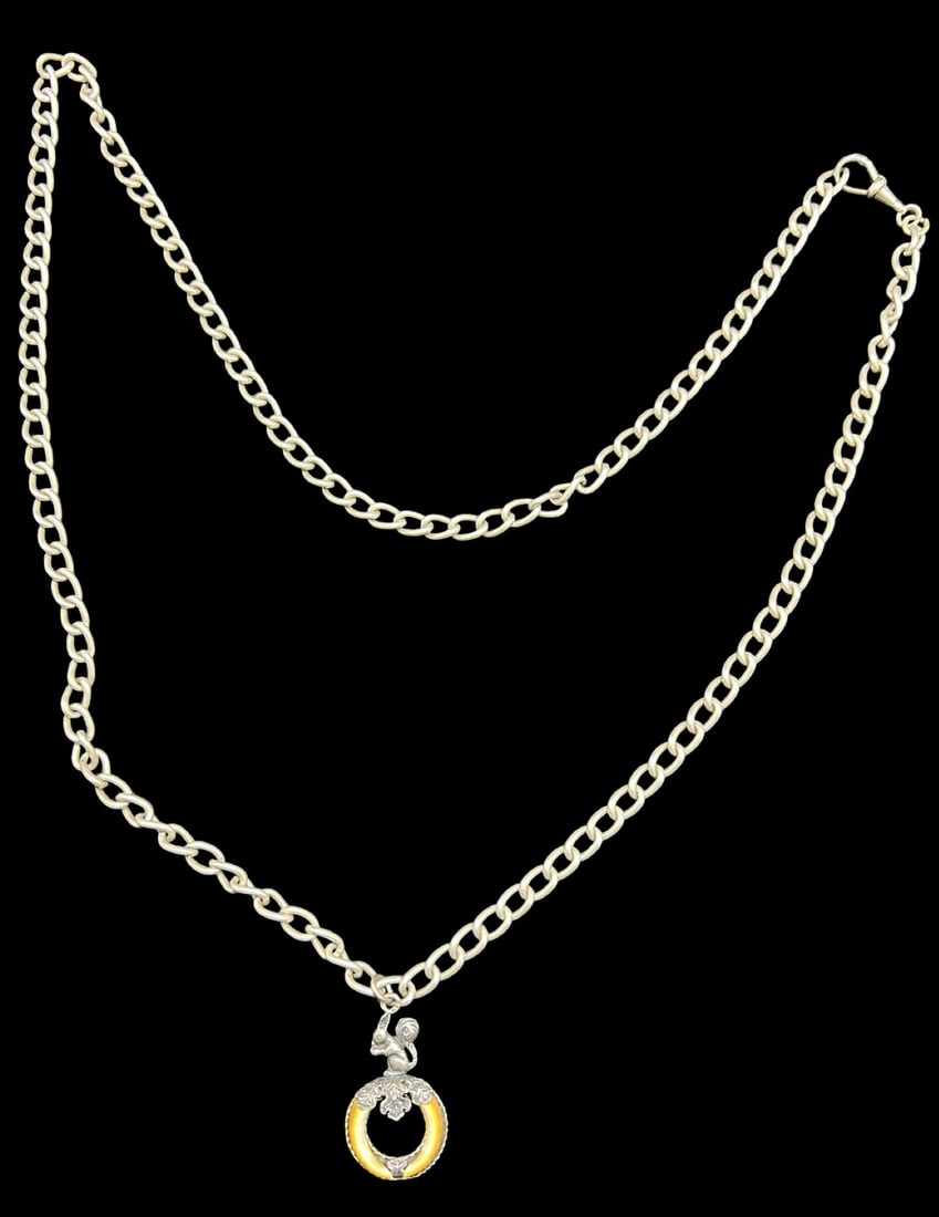 Stunning Antique European 835 Silver Pocket Watch Chain /w Traditional Animal Teeth Hunting Pendant: Very good antique condition with minor patina according to age. Measures approx. 19" long and weighs ca. 15.1 grams. Marked for 835 Silver.