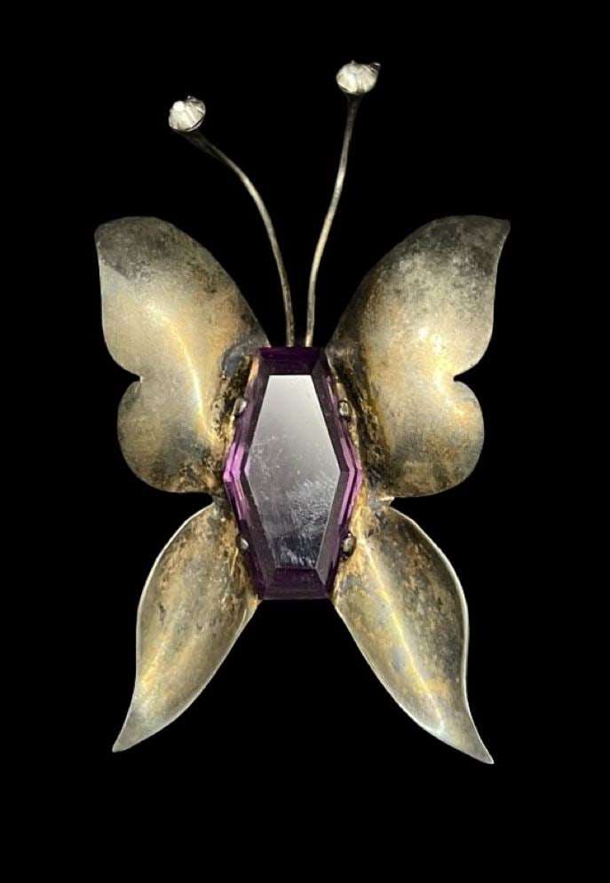 Stunning Vintage Gilt Sterling Silver & Big Purple Gemstone Butterfly Designer Brooch: Very good vintage condition with minor patina according to age. Measures approx. 2 3/4" long and 1 1/8" wide and weighs ca. 18.9 grams. Marked for Sterling Silver. Designer Mark.