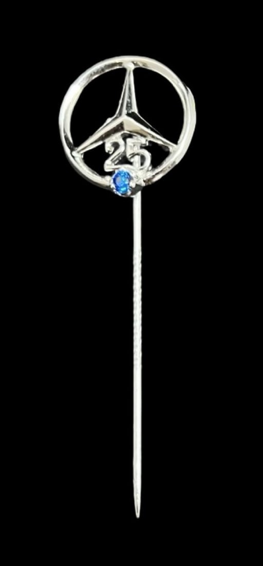 Vintage German MERCEDES BENZ 835 Silver & Blue Gemstone Pin for 25 Years of Service: Very good vintage condition with minor patina according to age. Measures approx. 2" long and 5/8" wide and weighs ca. 1.6 grams. Marked for 835 Silver.