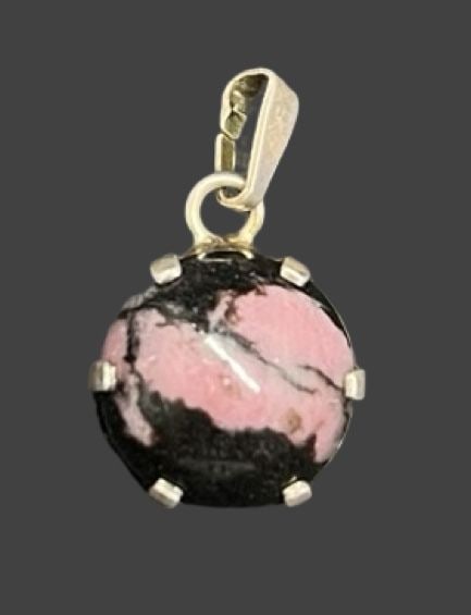 Beautiful Vintage Mid-Century 1960s European 835 Silver & Rhodochrosite Pendant: Very good vintage condition with minor patina according to age. Measures approx. 5" long and 5" wide and weighs ca. 2.2 grams. Marked for 835 Silver.