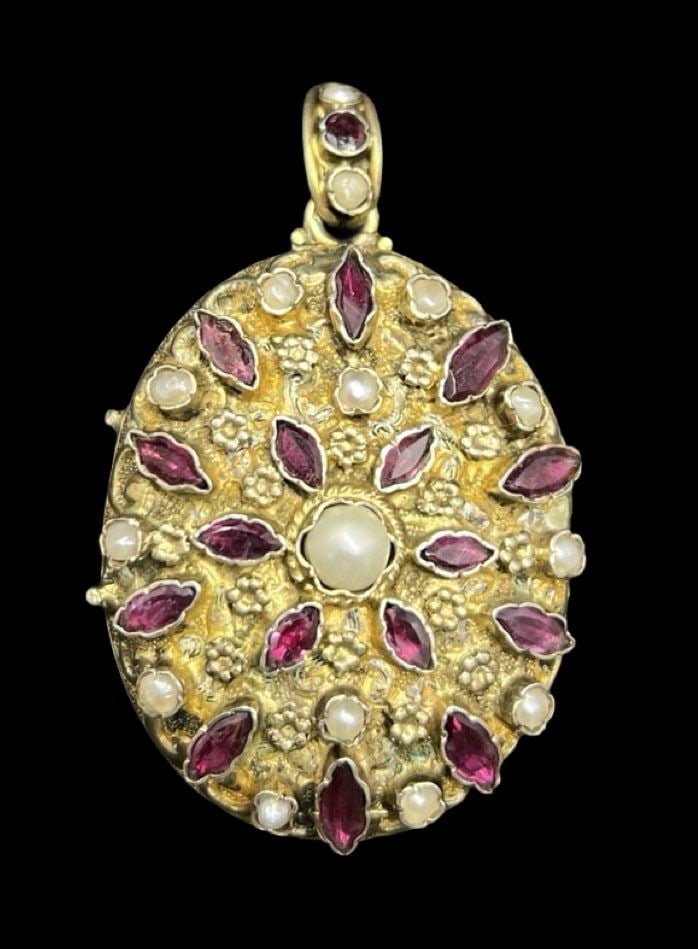 Rare & Ornate Antique European Gilt 800 Silver, Ruby & Seed Pearl Picture Locket Pendant: Very good vintage condition with minor patina according to age. Measures approx. 2 1/8" long and 1 1/4" wide and weighs ca. 17.1 grams. Tested for Silver.