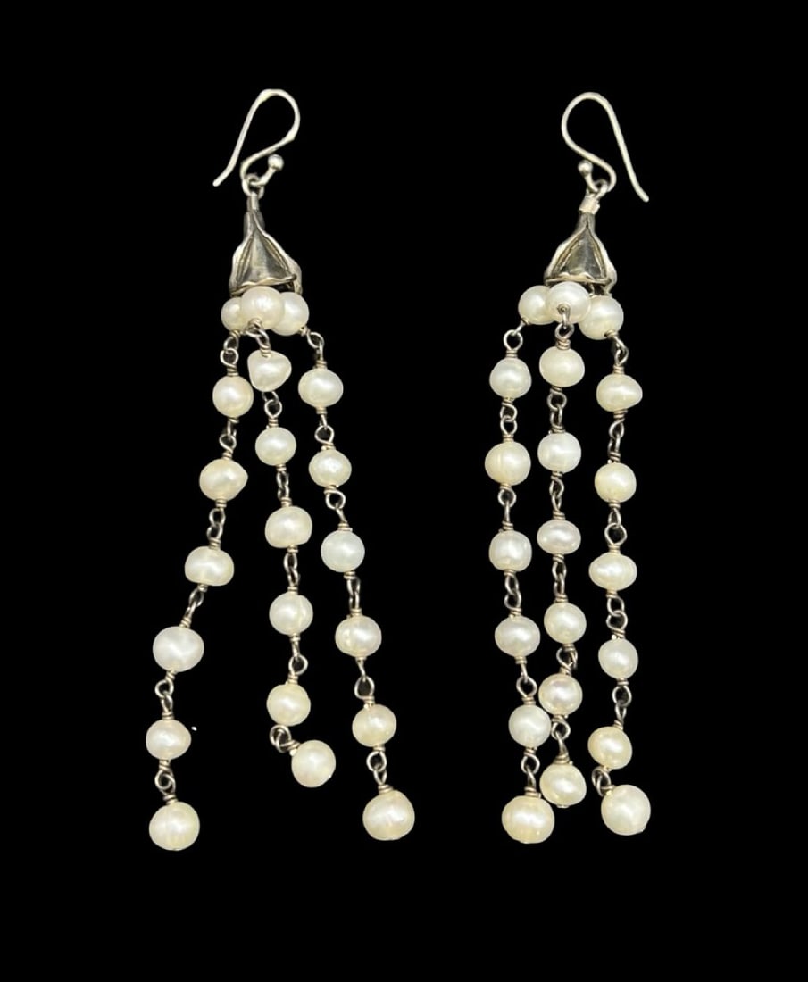 Gorgeous Vintage Sterling Silver & Pearl Chandelier Earrings: Very good vintage condition with minor patina according to age. Measures approx. 3 1/2" long and weighs ca. 11.8 grams. Marked for Sterling Silver.