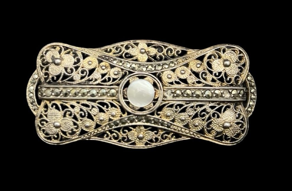 Beautiful Ornate Vintage Gilt 835 Silver Filigree, Marcasite & Pearl Brooch: Very good vintage condition with minor patina according to age. Measures approx. 1 1/8" long and 7/8" wide and weighs ca. 5.5 grams. Marked for 835 Silver.