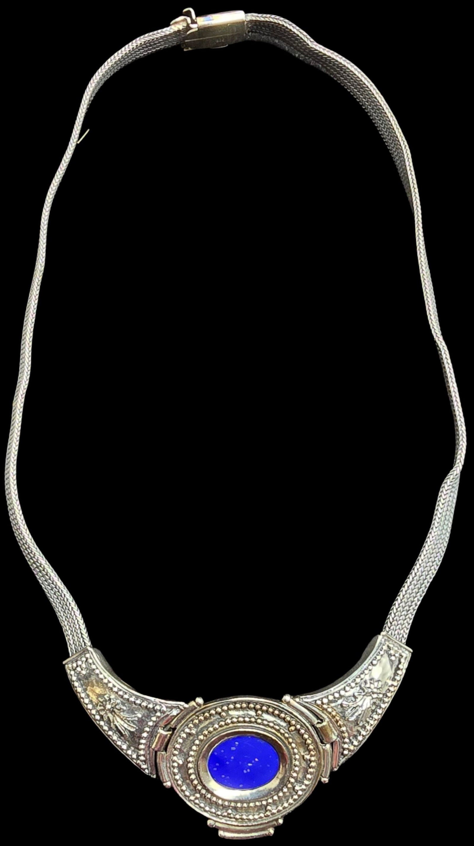 Gorgeous Vintage 925 Sterling Silver Multi-Strand Herringbone Chain Choker Necklace /w Blue Gemstone: Very good vintage condition with minor patina according to age. Measures approx. 16" long and weighs ca. 40 grams. Marked for 925 Sterling Silver.