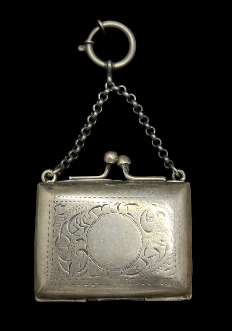 Rare Antique Sterling Silver Coin Purse Chatelaine Pendant: Very good antique condition with minor patina according to age. Measures approx. 2" long and 2 1/4" wide and weighs ca. 74.4 grams. Marked for Sterling Silver.