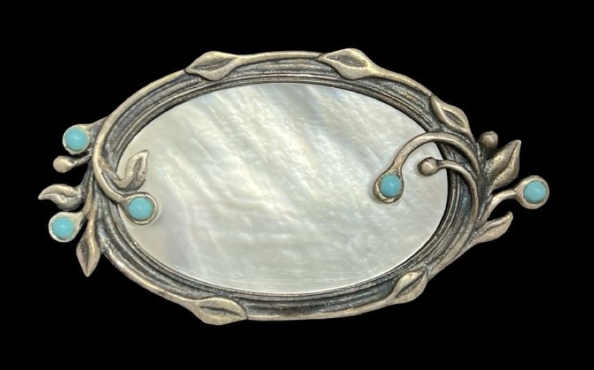 Ornate Vintage Art Nouveau Sterling Silver, Mother of Pearl & Turquoise Pin Brooch: Very good vintage condition with minor patina according to age. Measures approx. 1 1/4" long and 2 1/4" wide and weighs ca. 10.5 grams. Marked for 925 Sterling Silver.