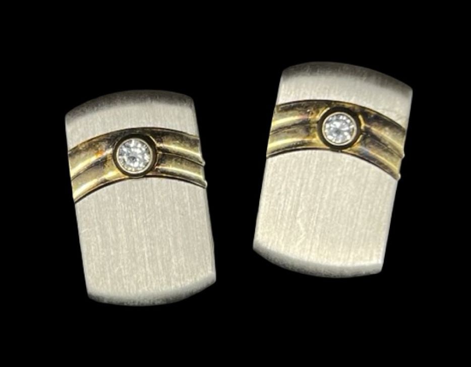 Stylish Vintage European Partially Gilt 835 Silver & Clear Rhinestone Cufflinks: Very good vintage condition with minor patina according to age. Measures approx. 3/4" long and 1/2" wide and weighs ca. 7.8 grams. Marked for 835 Silver.