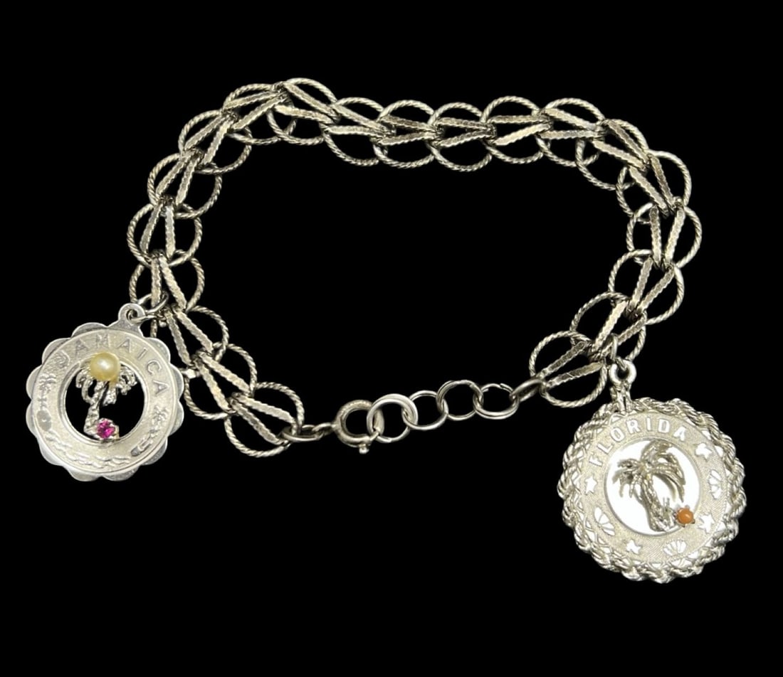Stunning Ornate Vintage Sterling Silver Bracelet /w Two Pendant Charms - Florida & Jamaica (1 of 7)