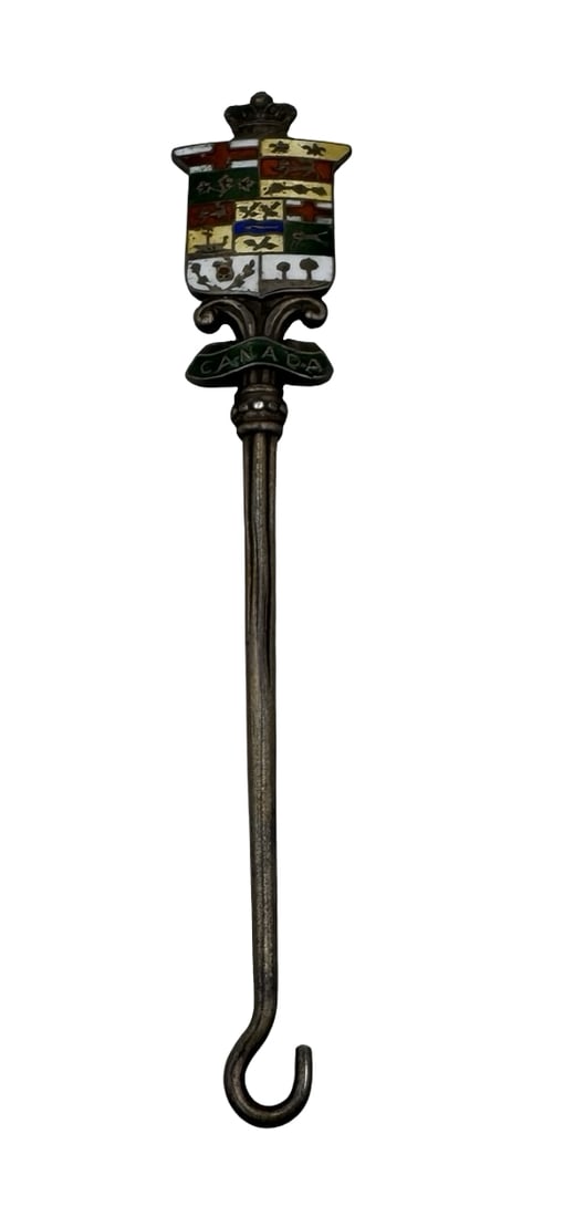 Rare Vintage Canadian Sterling Silver & Enamel Button Hook: Very good vintage condition with minor patina according to age. Measures approx. 3 1/2"long and weighs ca. 7.4 grams. Marked for Sterling Silver.