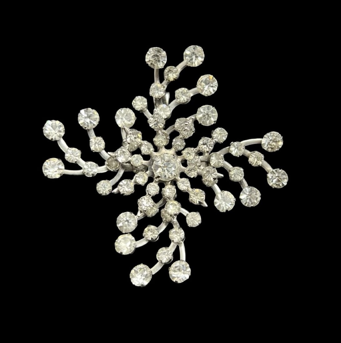 Amazing Ornate Vintage Silver-Tone Metal & Clear Rhinestone Costume Jewelry Pendant Brooch: Very good vintage condition with minor patina according to age. Measures approx. 2 3/8" long and 2 3/8" wide and weighs ca. 13.8 grams.