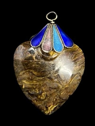 Gorgeous Vintage Sterling Silver, Blue Enamel & Brown Gemstone Pendant: Very good vintage condition with minor patina according to age. Measures approx. 1 1/8" long and 3/4" wide and weighs ca. 3.1 grams. Marked for Sterling Silver.