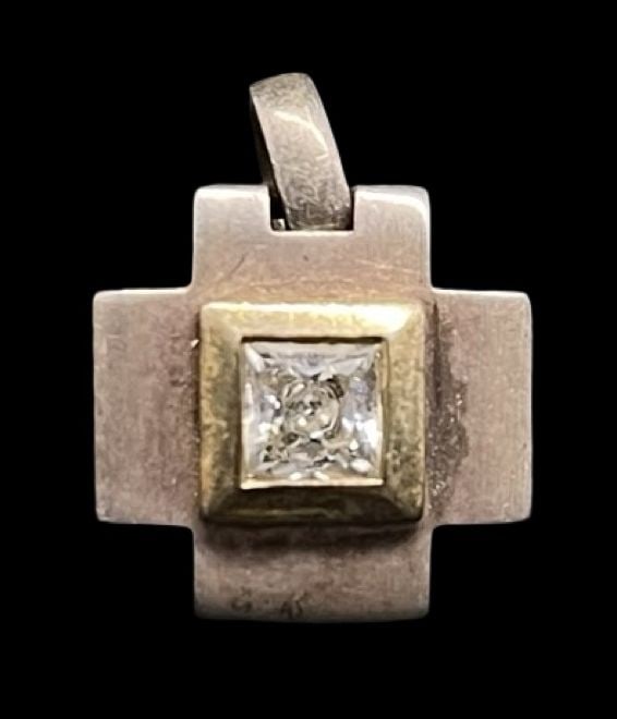 Beautiful Vintage Partially Gilt Sterling Silver & Clear Rhinestone Designer Pendant: Very good vintage condition with minor patina according to age. Measures approx. 7/8" long and 5/8" wide and weighs ca. 4.2 grams. Marked for Sterling Silver 925 and Designer.