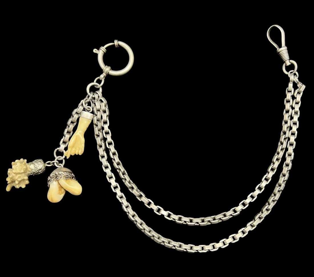 Gorgeous & Rare Antique European Sterling Silver Pocket Watch Chain /w Hunting Trophy Pendants: Very good vintage condition with minor patina according to age. Measures approx. 11 1/2" long and weighs ca. 57.7 grams. Marked for Sterling Silver.