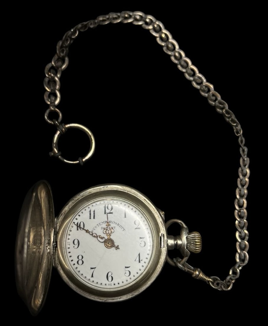Gorgeous Ornate Antique SYSTEME ROSKOPF 800 Silver Pocket Watch & Chain: Very good antique condition with minor patina according to age. Measures approx. 2" long and 2" wide and weighs ca. 107.2 grams. Marked. The timepiece audibly ticks, but the movement is unresponsive.