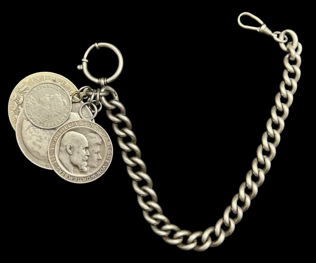 Gorgeous Antique European 800 Silver Pocket Watch Chain /w Four Coin Pendant Charms (1 of 5)