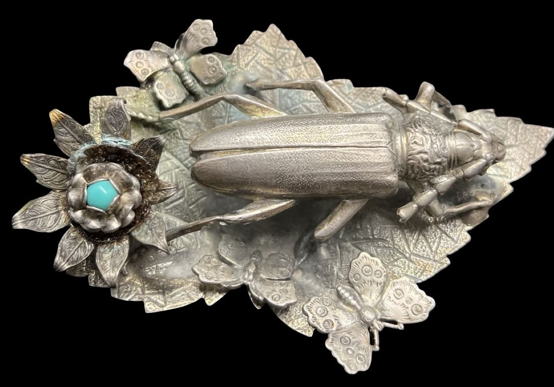 Incredible Large Vintage Silver-Tone Metal & Gemstone Beetle Brooch: Very good vintage condition with minor patina according to age. Measures approx. 2 1/2" long and 3 1/2" wide and weighs ca. 29.7 grams.