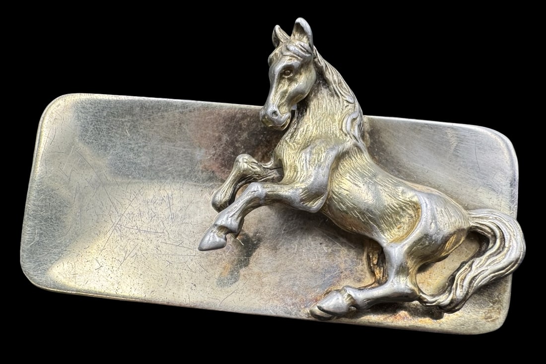 Unusual Vintage European Sterling Silver Brooch /w Horse Figurine: Very good vintage condition with minor patina according to age. Measures approx. 1 1/8" long and 1 1/4" wide & weighs ca. 15.9 grams. Tested for Sterling Silver.